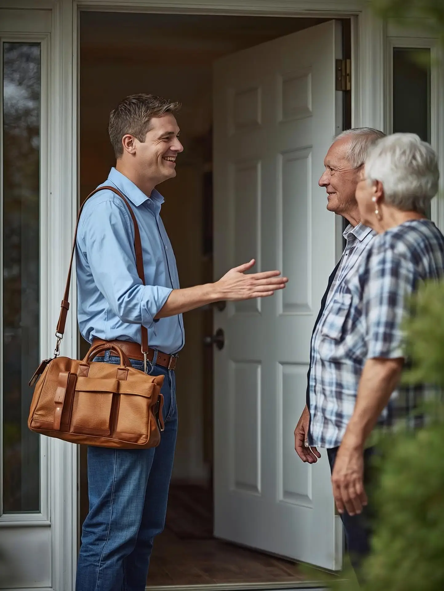 Handyman greeting a senior couple at their Toronto home for maintenance help
