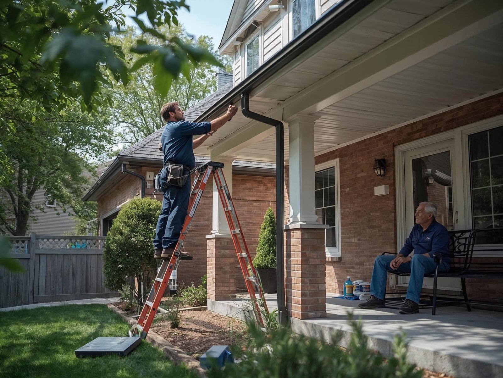 Technicians safely cleaning gutters on a Toronto home while a senior watches from the porch